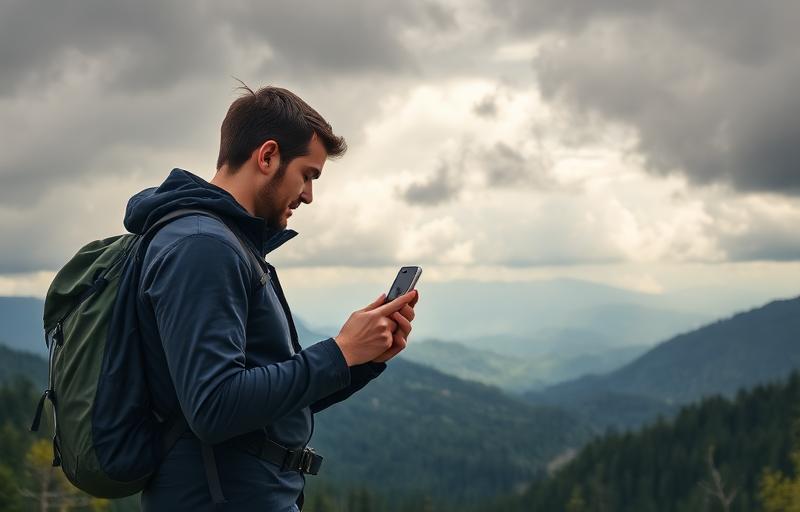 Planinar proverava vremensku prognozu na telefonu